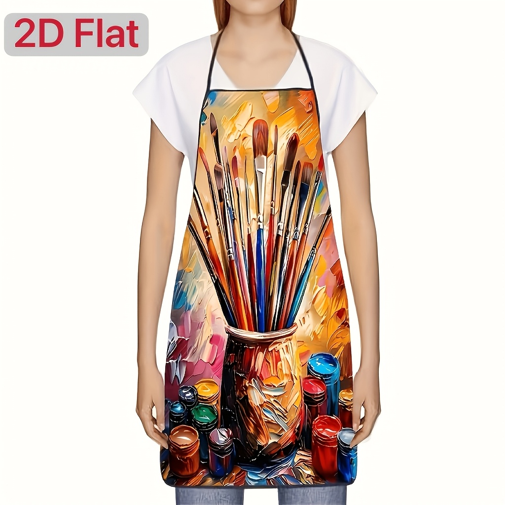 TEMU 2d Flat - Painting Design Apron - Practical For Home Apron, With Colorful Brush And Paint Tube Patterns, Durable And Easy-to-clean Polyester