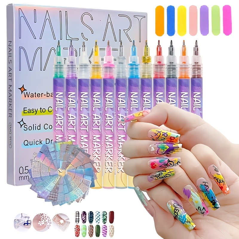 TEMU 12 Color Nail Art Pens Kit With 24 Stencils, Water-based Quick-dry Nail Polish Pens, 0.5mm Fine Tip For Drawing, Diy Nail With Reusable Sticker
