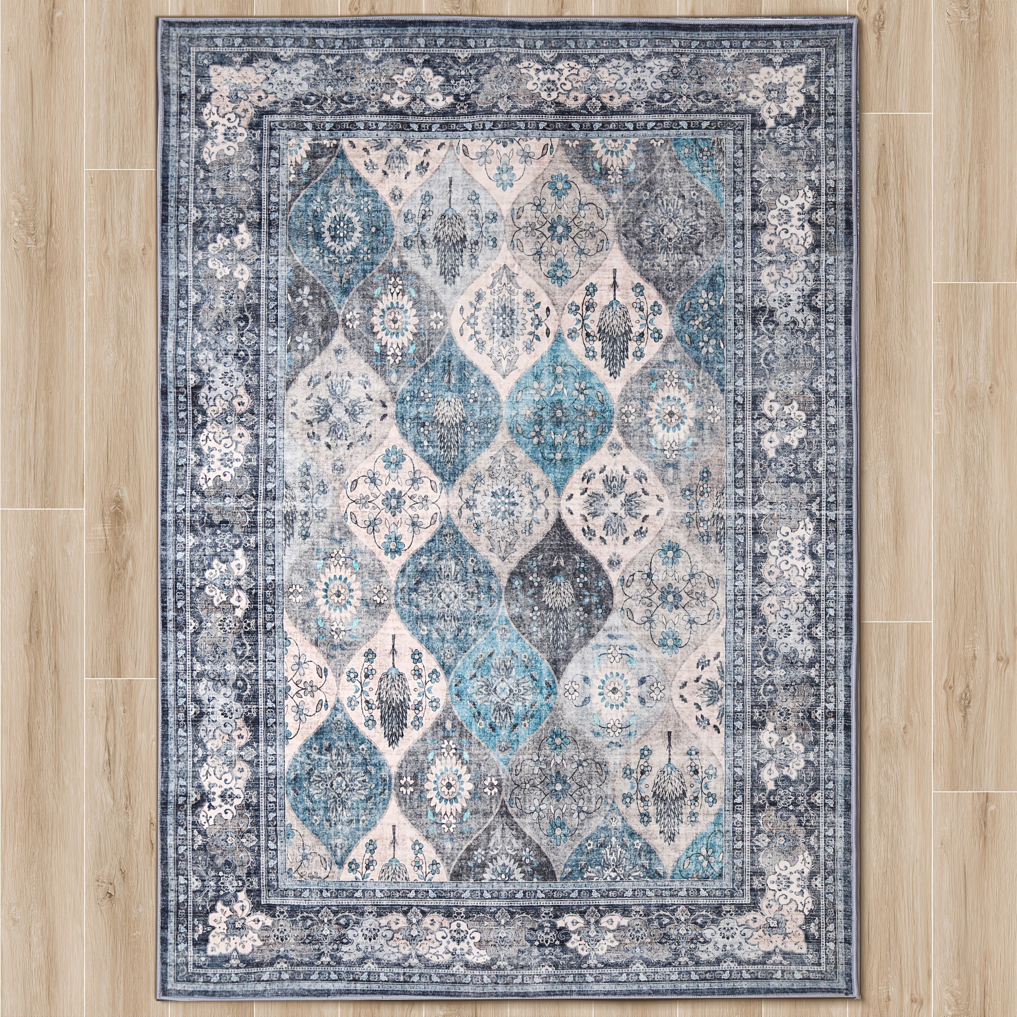 

1pc Boho Vintage Washable Tribal Area Rugs Low-pile Floral Print Carpet Mat Indoor Decor 5x7 Blue For Living Room Bedroom Farmhouse Dining Room