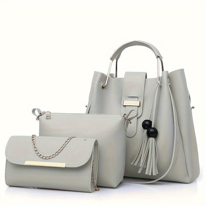 Image of Ladies' Fashionable And Versatile Pearl Tassel 3pcs Bag Set, Large Capacity Tote Bag, Exquisite And Lightweight Handbag, Meeting The Needs Of Daily Commuting And Travel For Birthday Gifts