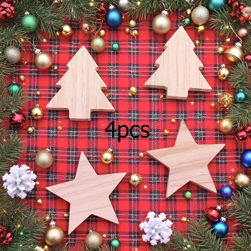 4pcs Small Ornaments, Wooden Christmas Tree And Star Color, Suitable For Christmas Table Decoration
