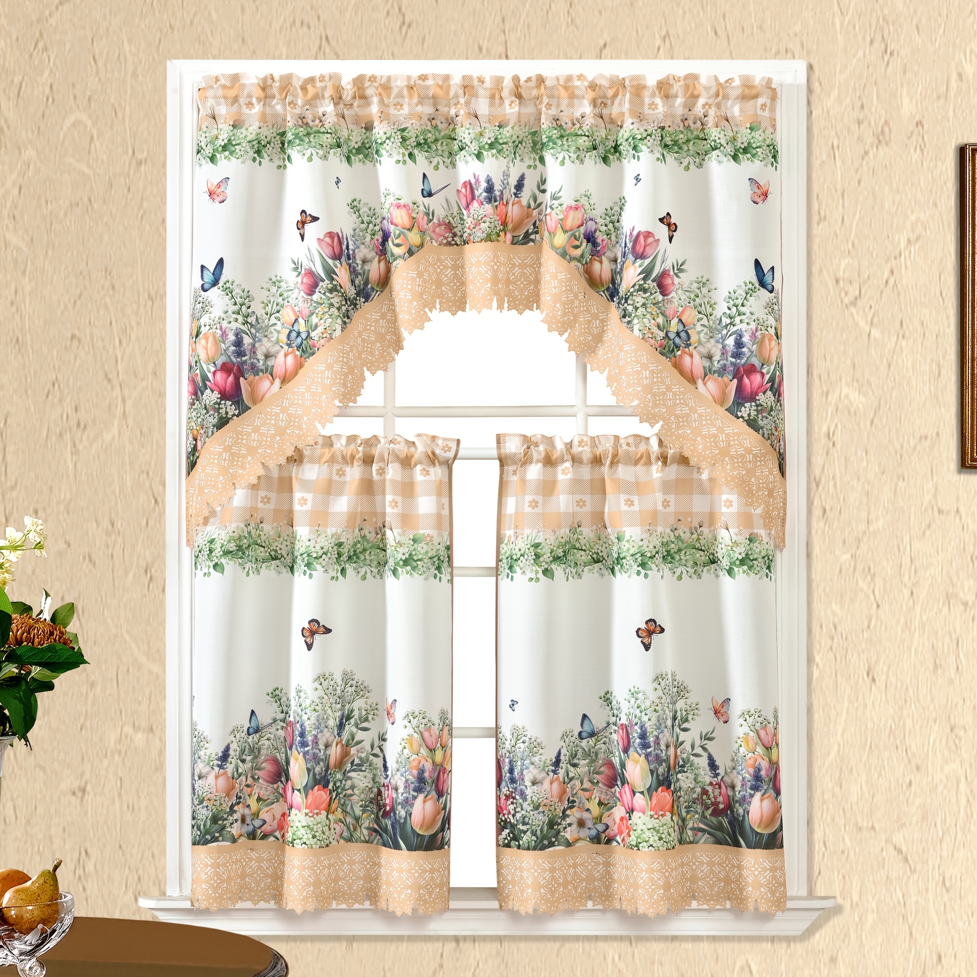 Image of 3pcs Polyester Fabric, Colorful Tulips And Butterflies, Blue/red/beige , Spring Vitality, , Kitchen Home Curtains, Suitable For Home Decor Window Treatments, Bathroom, Living Room, Bedroom