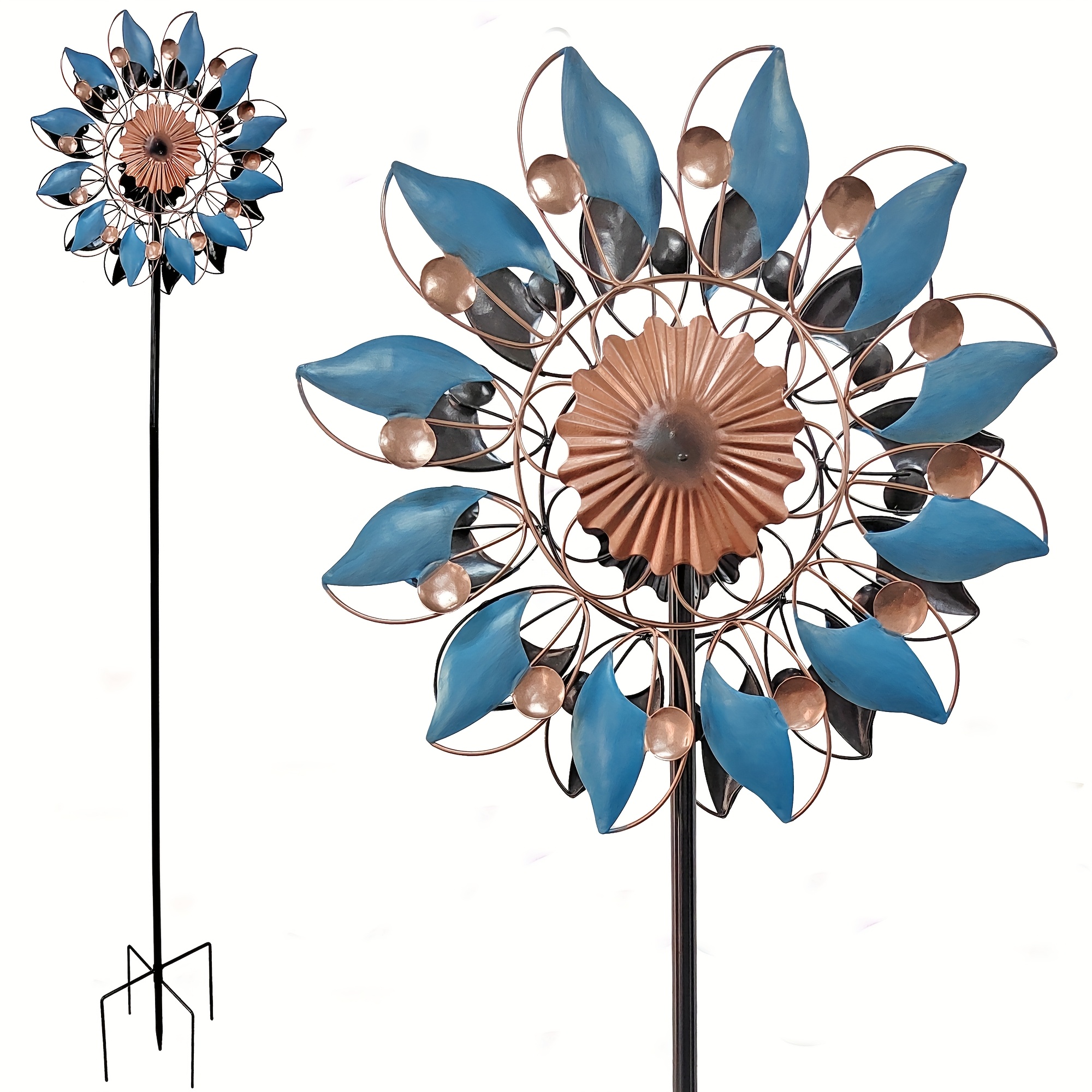 Image of Kinetic Wind Spinners Outdoor Garden Stake, Blue Flower High 64 Inch Metal Windmill For Yard Patio Lawn Garden Decorations, 360 Swivel Flower Catchers Spinner With Stable Metal Stake