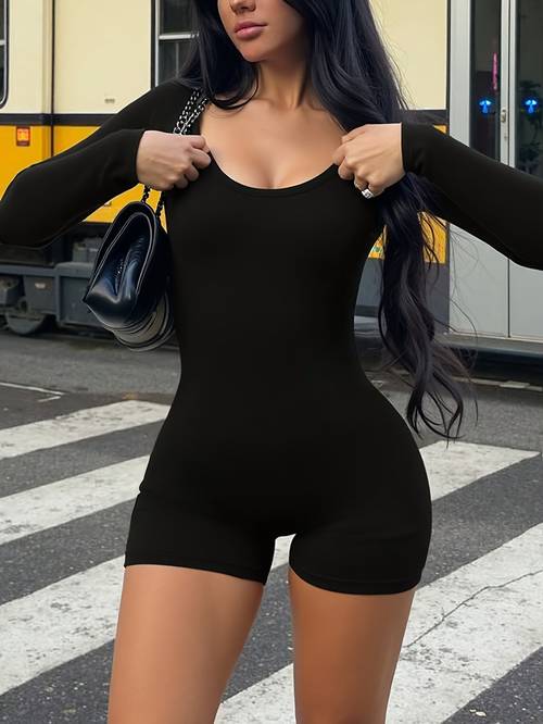 womens autumn and winter solid color versatile outdoor casual fit low neck long sleeve jumpsuit