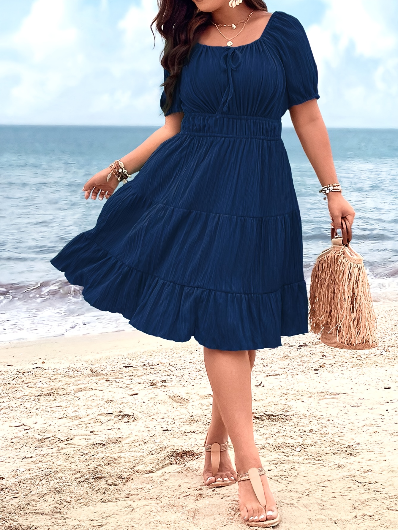 plus size solid ruched tiered dress casual tie front short