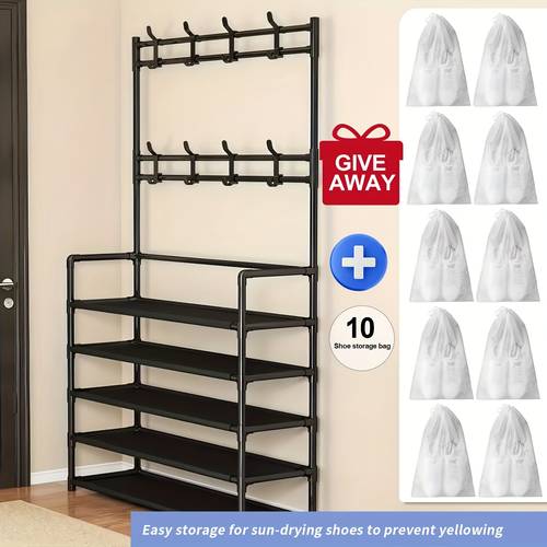 independent shoe rack organizer with multiple storage shelves and 8 double hooks suitable for living rooms bedrooms entrances multifunctional floor standing hat and coat holders for home use sold at the cheapest price