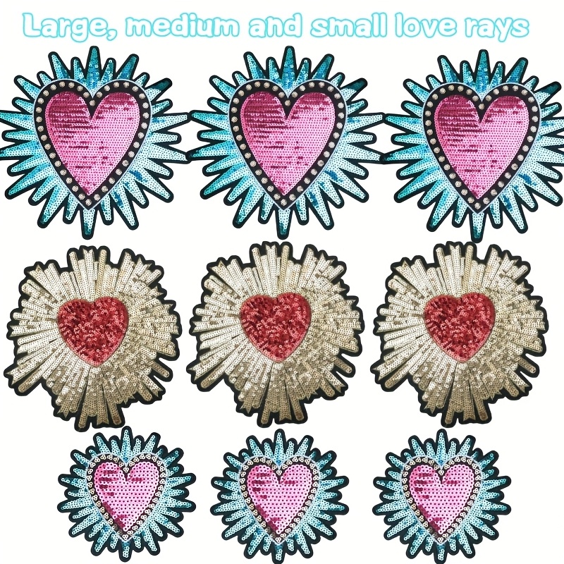 TEMU A Collection Of 9 Heart-shaped Sequins In Large, Medium, And Small Sizes, Along With Embroidered Fabric Patches, Embossed Heart-shaped Bags, And