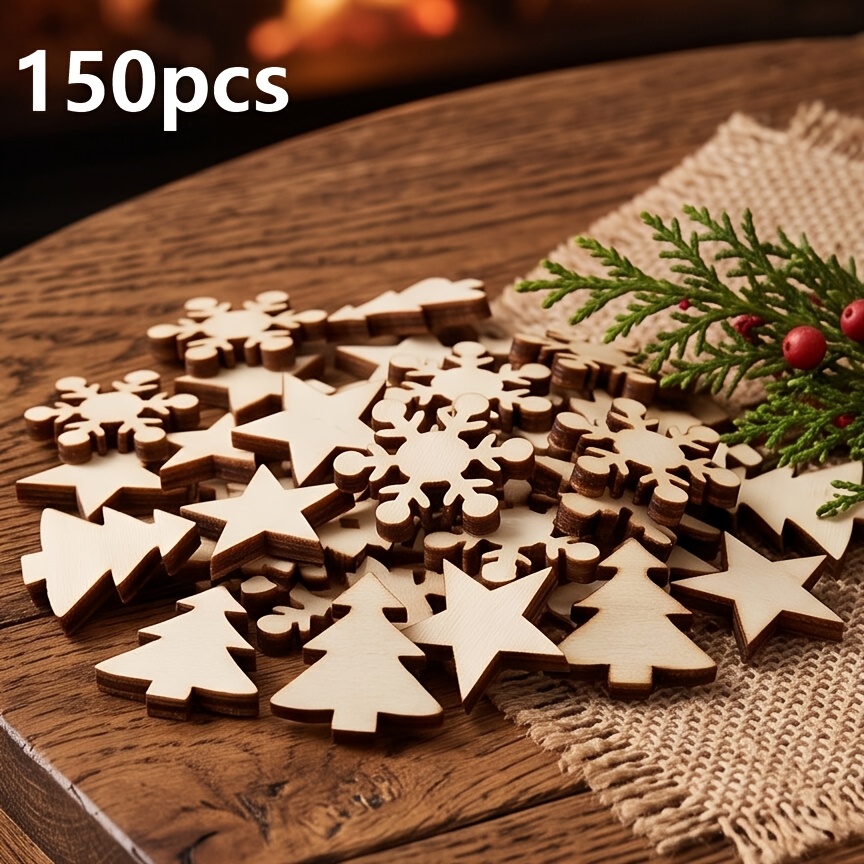 TEMU Lot de 150 illustrations clipart en bois de style vintage de sapin de Noël et de de neige - Mini ornements en bois de 1,5 cm pour décorations de