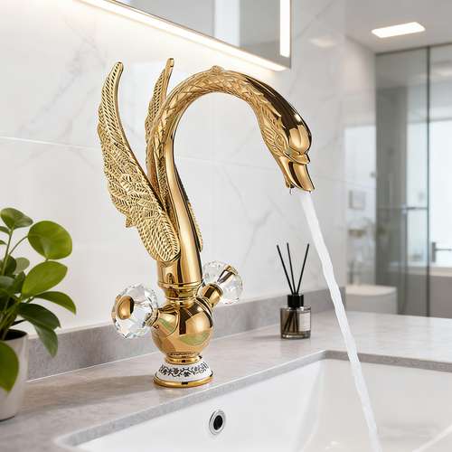 Gold Waterfall Swan Bathroom Sink Faucet – 3 Hole 8" Widespread Vanity Mixer Tap