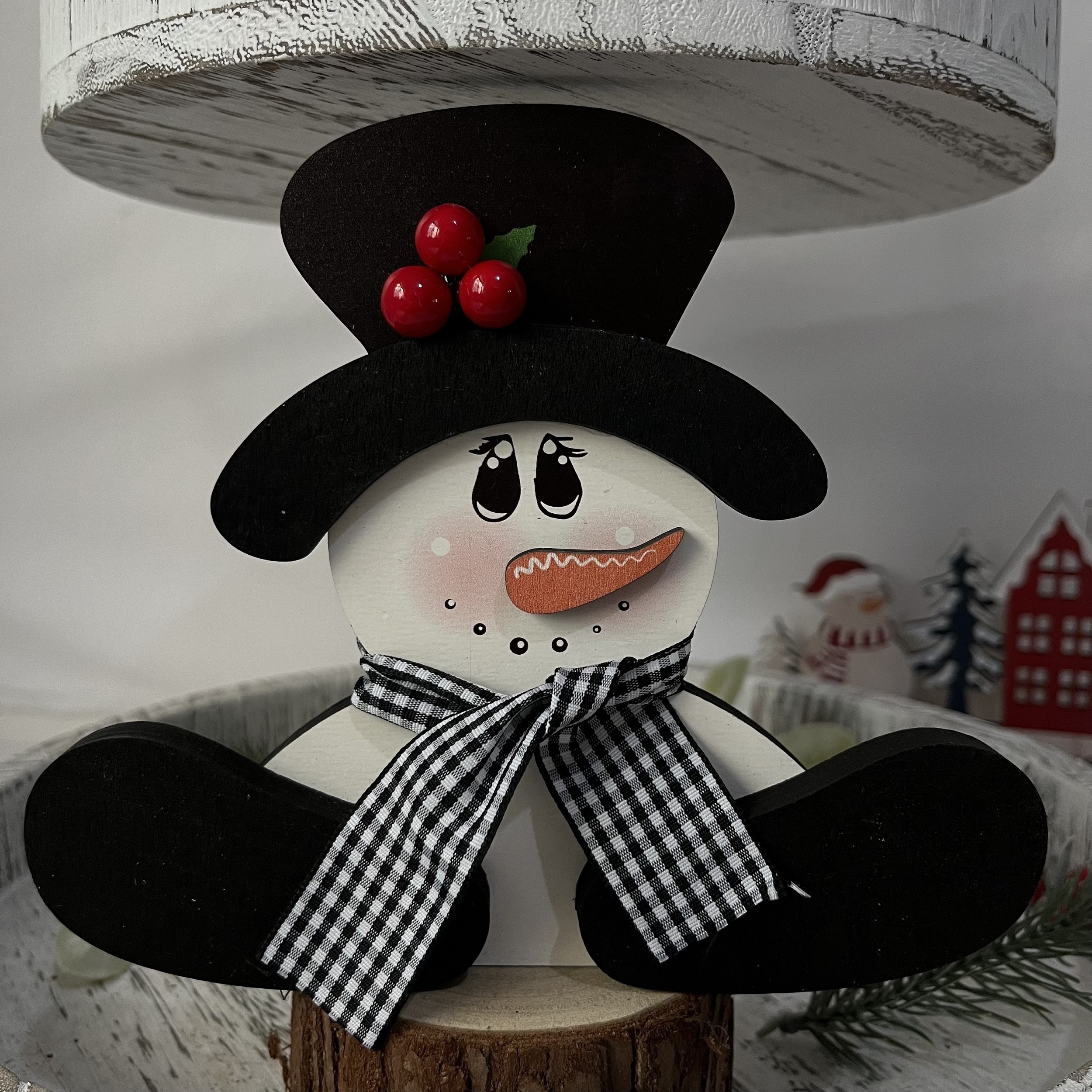 Image of 1pc Of 3d Wooden Snowman With Berries And Scarf, A Christmas Tabletop Decoration