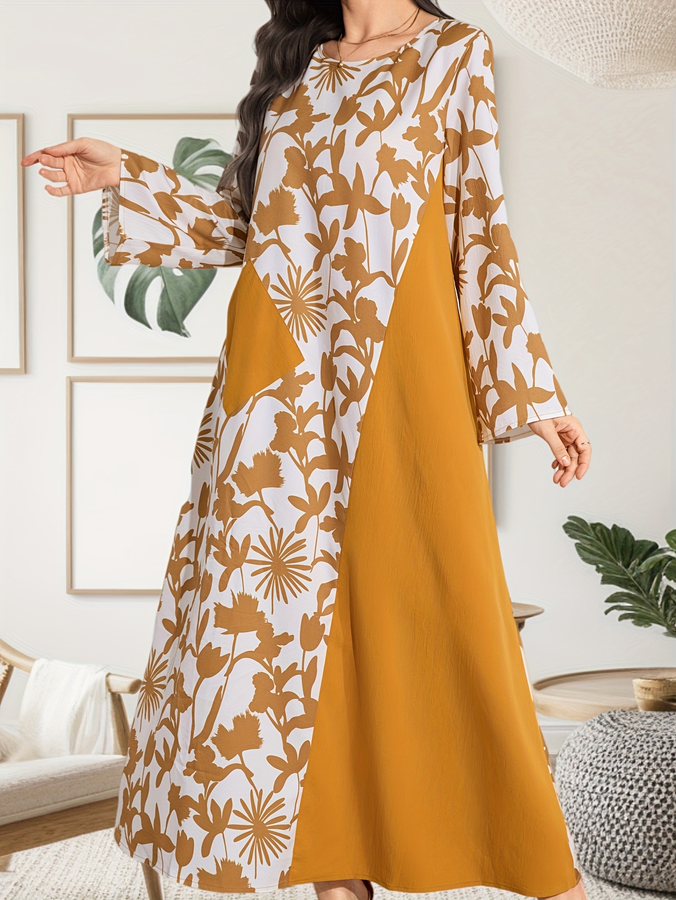 yellow long sleeve summer dress Anewsta Women's New Spring/Summer Ditsy Floral Yellow Long Sleeve A-Line  Flare Sleeve Maxi Elegant Vacation Dress