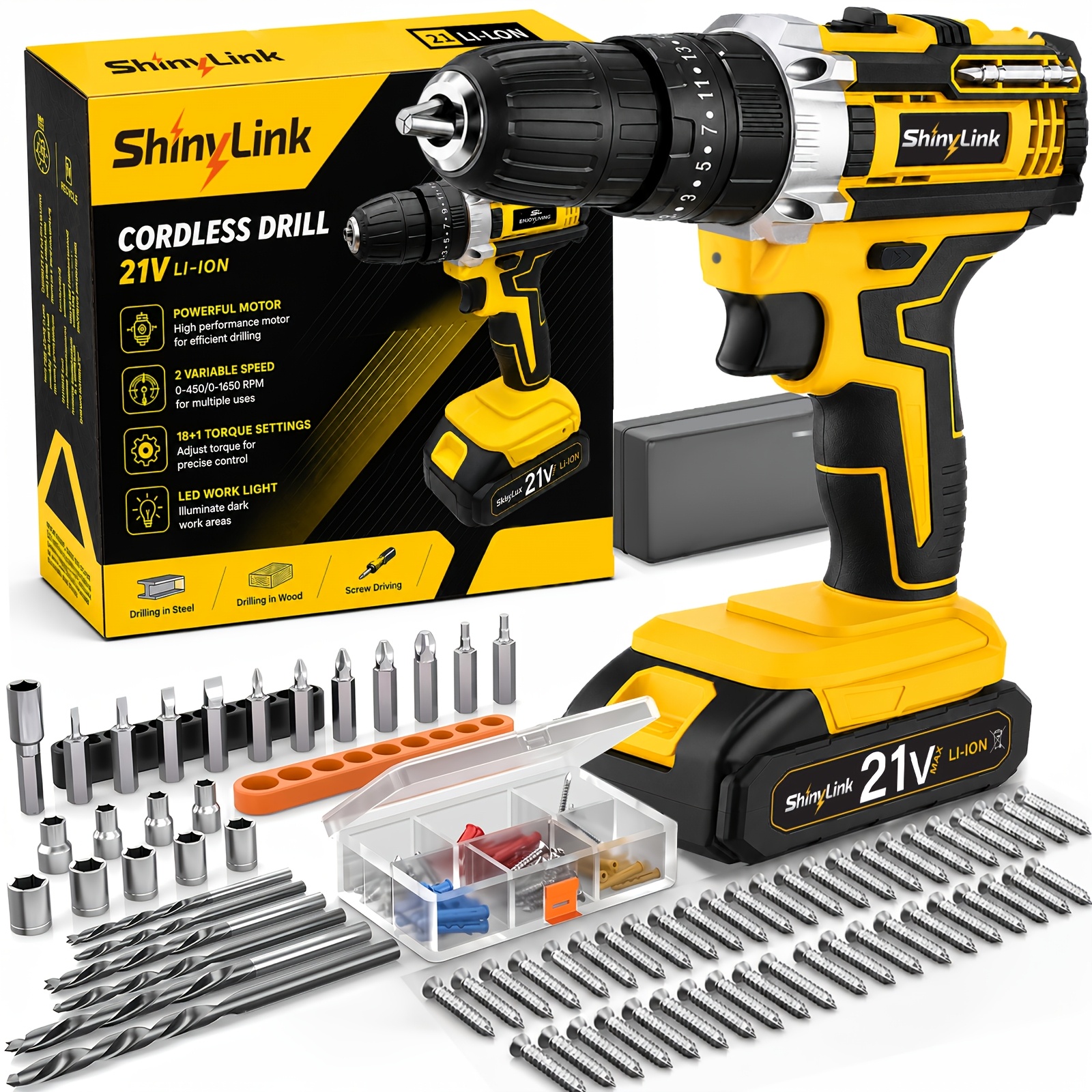 TEMU [21v Cordless Drill Set] 30|88|136|148pcs Electric Drill Toolbox Set | Cordless Rechargeable Electric Drill Tool Set, With 1 Batteries, Hand