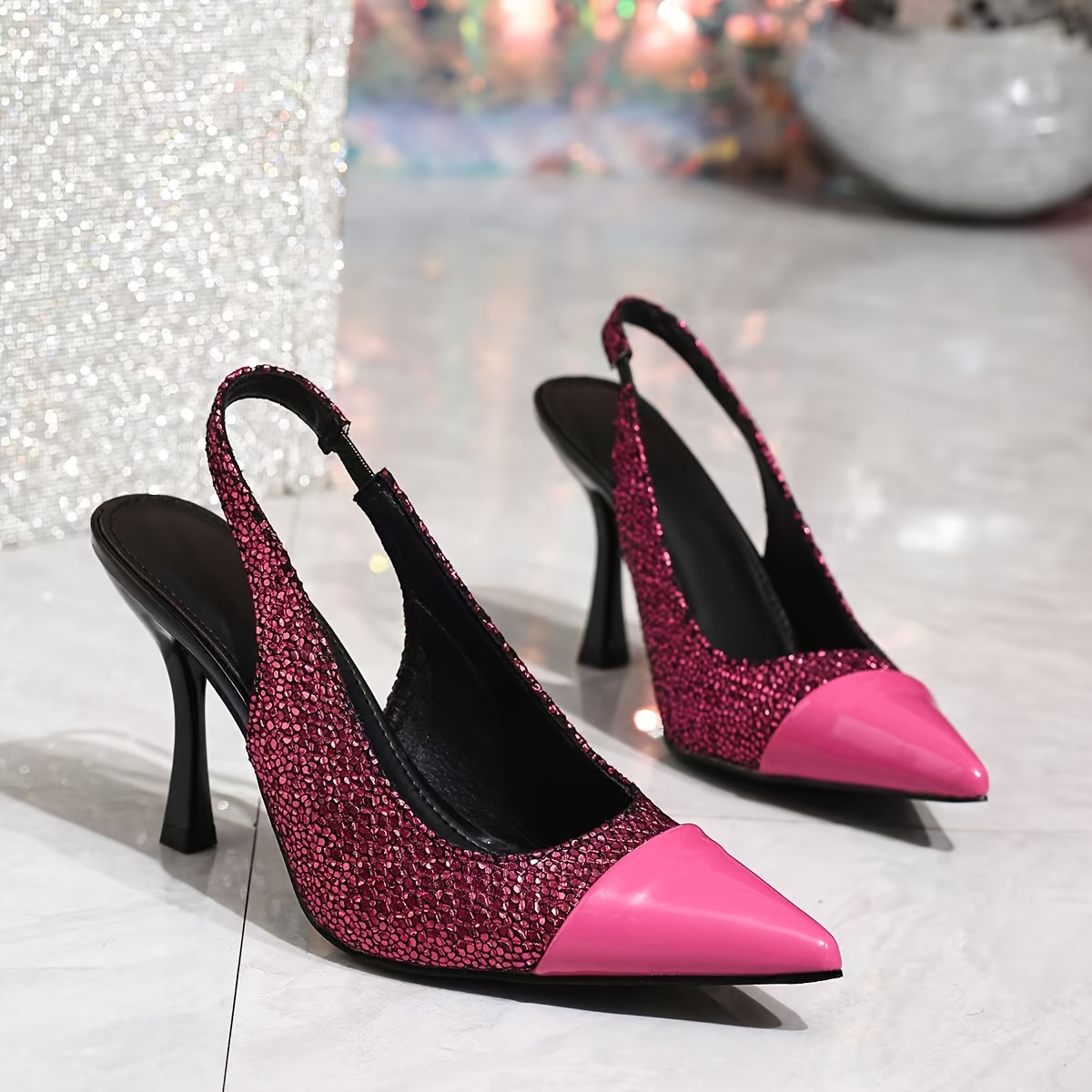 womens pink glitter flare heel pumps pointed toe high heel Temu