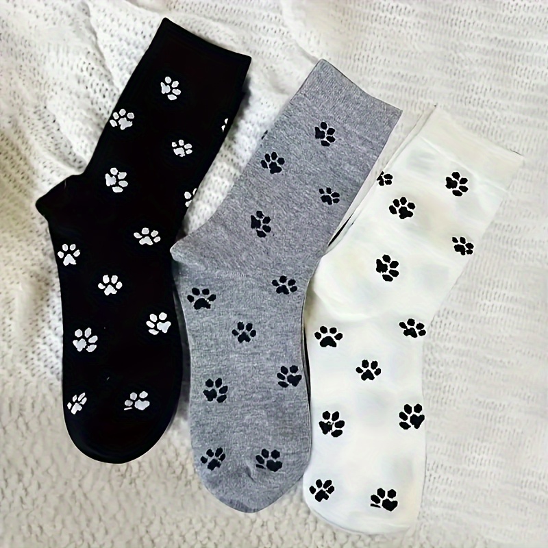 

3/6 Pairs Of Women's Cute Cartoon Dog Paw Print Pattern Mid-calf Socks Simple And Pile Socks