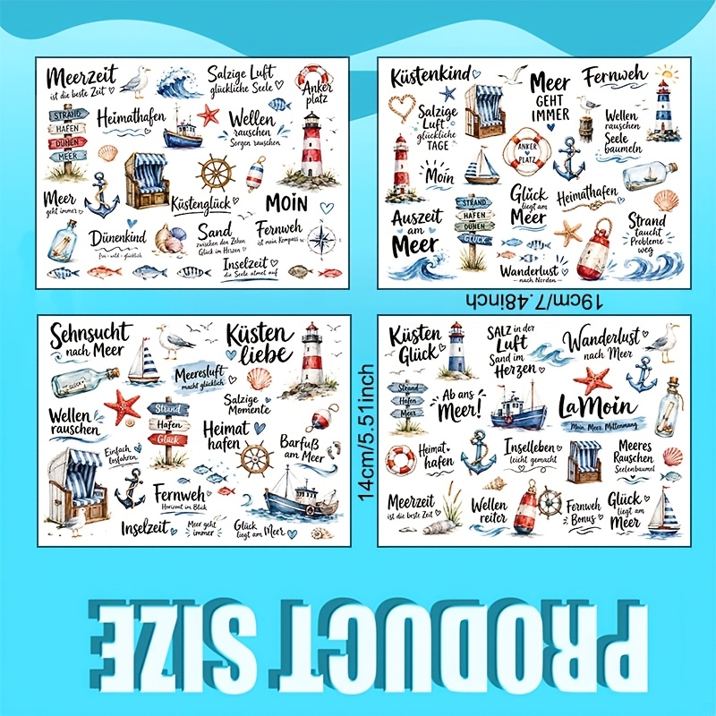 TEMU Aquarell- , nautisches deutsches Design, 4 Bögen Vinyl-UV-DTF-Transferpapier – Geeignet für DIY-Bastelarbeiten, Tassen, Laptops Wasserflaschen,