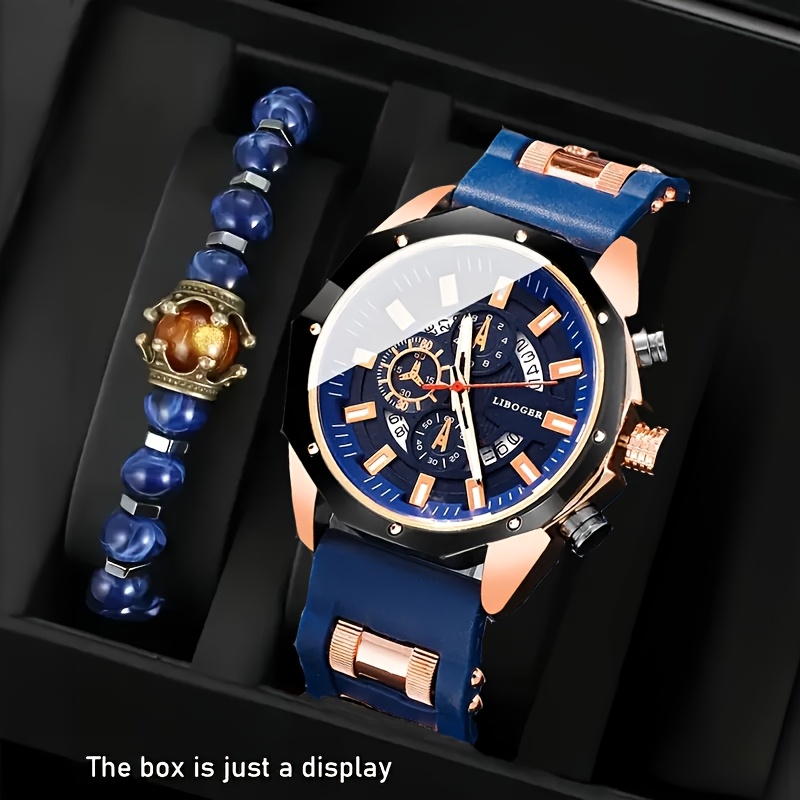2 piezas de reloj deportivo de cuarzo para hombre - con función de calendario, correa de silicona, reloj de cuarzo cronográfico, conjunto de regalo para hombres con pulsera, regalo