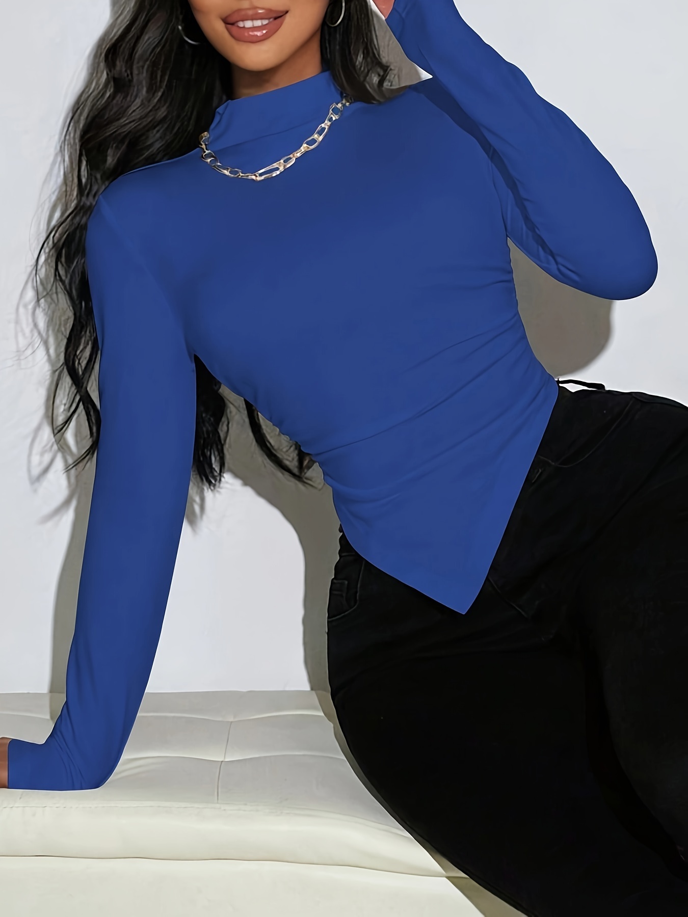 Side Ruched Asymmetrical Hem T-shirt, Sexy Mock Neck Slim-Fit Long Sleeve Top For Spring & Fall, Women's Clothing