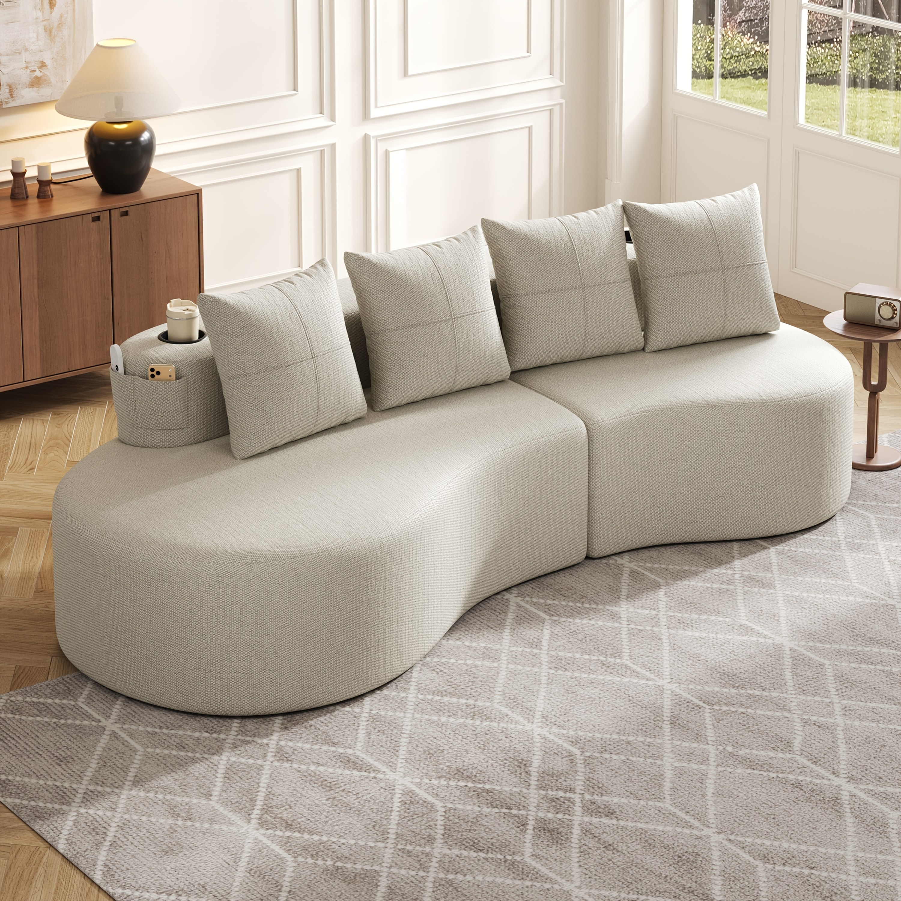 Linen Fabric Sofa With 4 Pillows, High-density Foam And Spring Support, Cup Holder And Side Storage Pocket, Breathable Ergonomic Couch, Modern Stylish Sofa For Living Room Balcony
