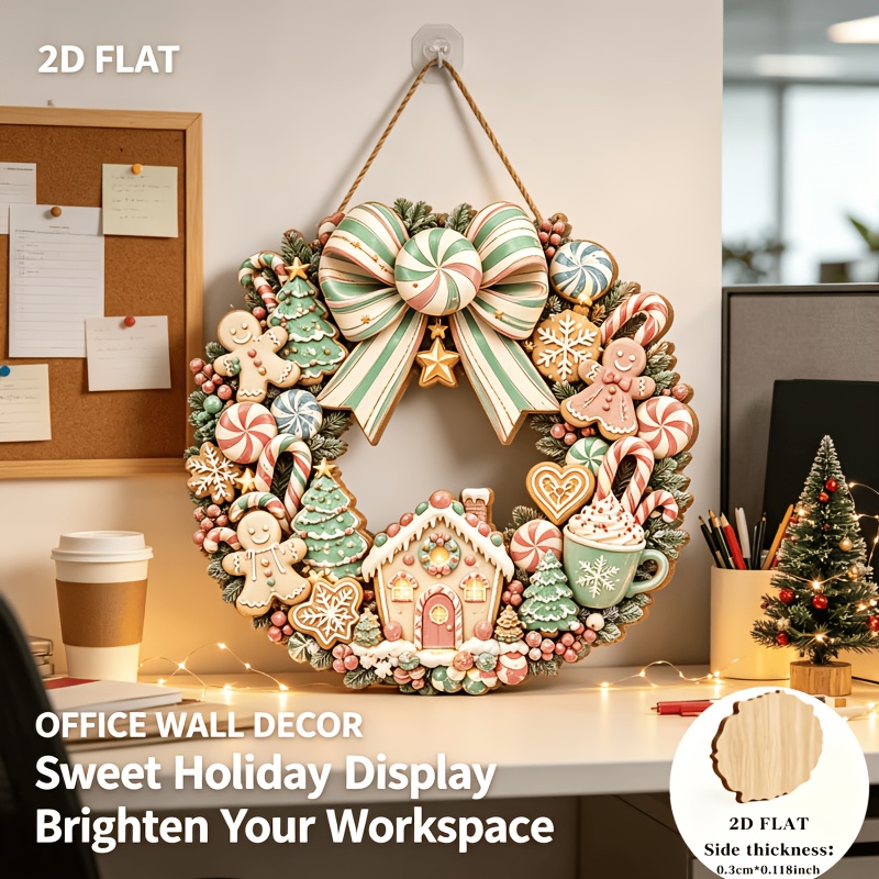 TEMU 2d Flat, 2d Flat Wooden Christmas Wreath Door Hanger, 1pc, Full Of Vintage Gingerbread Fairytale Atmosphere, For Your Christmas Decoration. The