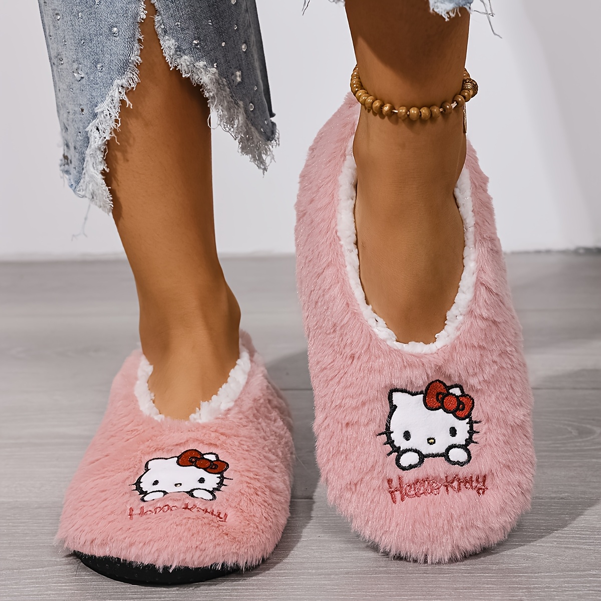 Image of Hellokitty Cat Women's Indoor Slippers - Black Soft Sole With Cute Embroidery, Warm Lining, Quiet Outsole, Casual House Shoes, Women Shoes