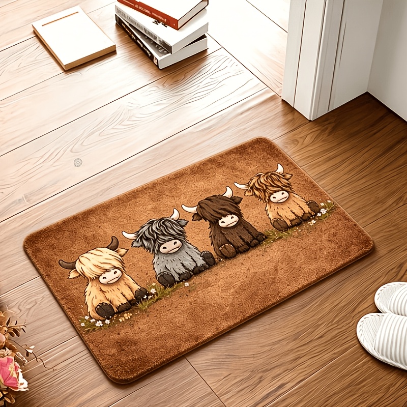 TEMU 1pc Kafulam Highland Cow Rug Suitable For Indoor/outdoor Use, Adorable Scottish Cow Floor Mat With Pvc Backing, Machine Washable Dirt-trapping