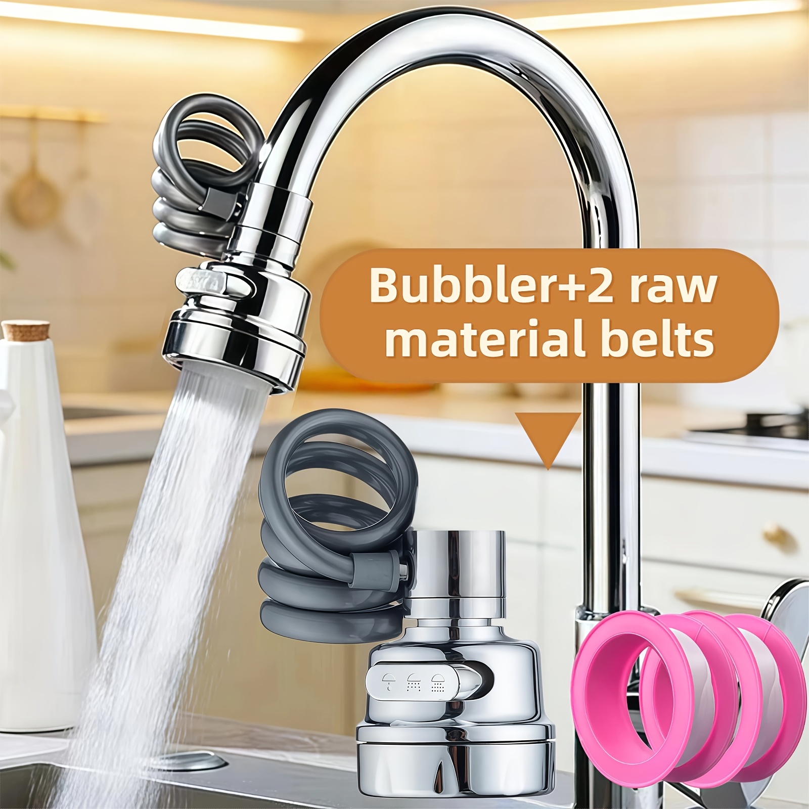 TEMU Universal Kitchen Sink Faucet Aerator With Coiled Spring Hose, 3 Extension Sprayer Attachment, Includes Teflon Tape For , Faucet Head For