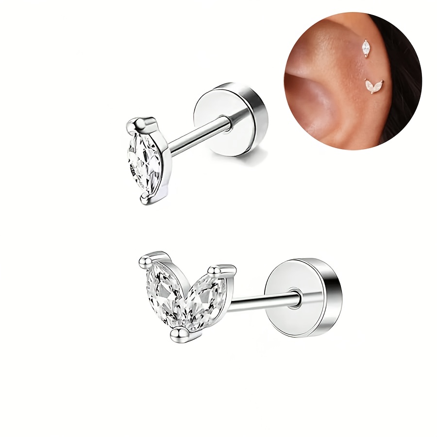 TEMU 2pcs Cute And Elegant Style V-shaped Marquise Synthetic Synthetic Zirconia Stud Earrings, Cartilage Studs, Small Leaf-shaped Flat-back Cartilage