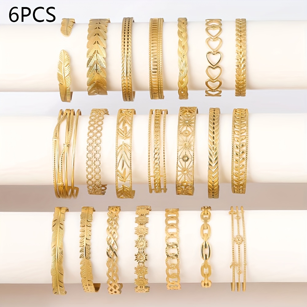 E-shop 6-teiliges Set aus zufälligen Edelstahl-Armbändern für Damen, verstellbar offen, geeignet für den Partys, wasserdichter Schmuck, exquisites