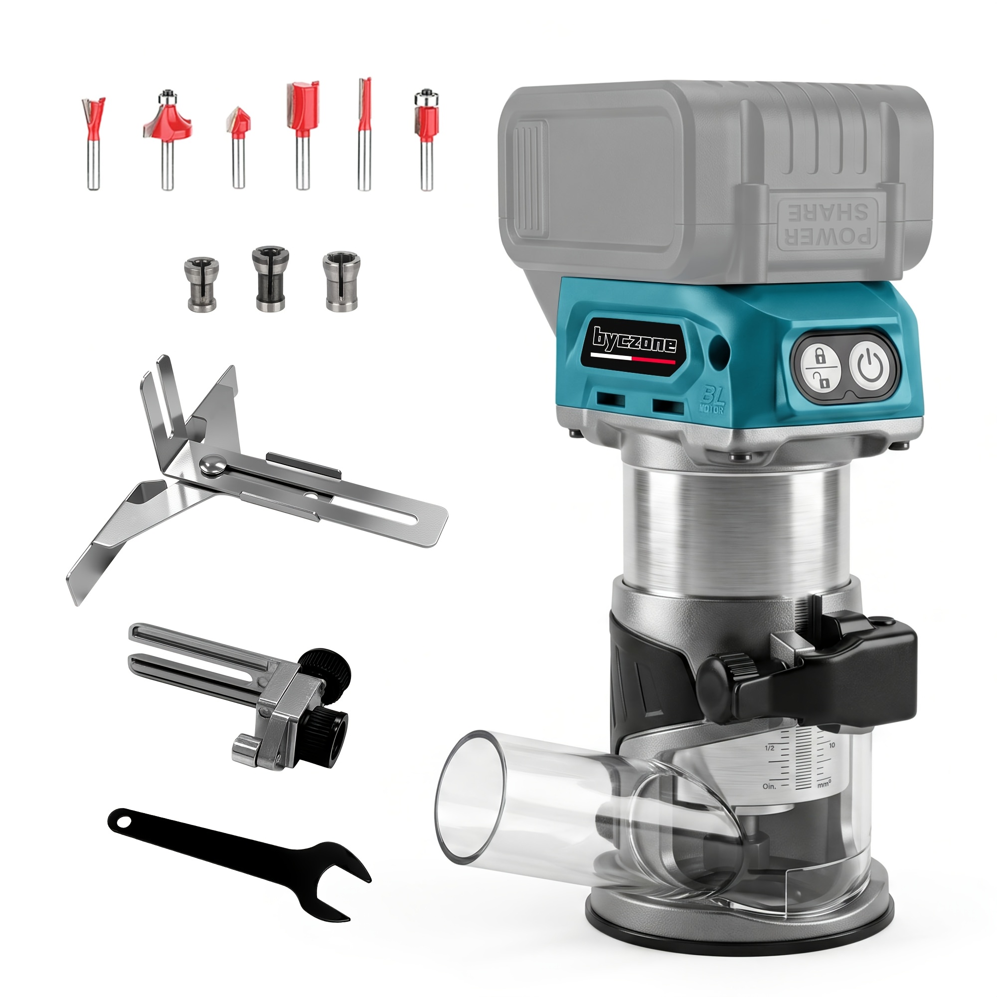 Image of Cordless Wood Router 18v Battery, 6 Variable Speed Wood Router 800w-30000rpm Brushless Motor Palm Router 15pcs 1/4" Small Handle Woodworking Router Bits (no Battery)