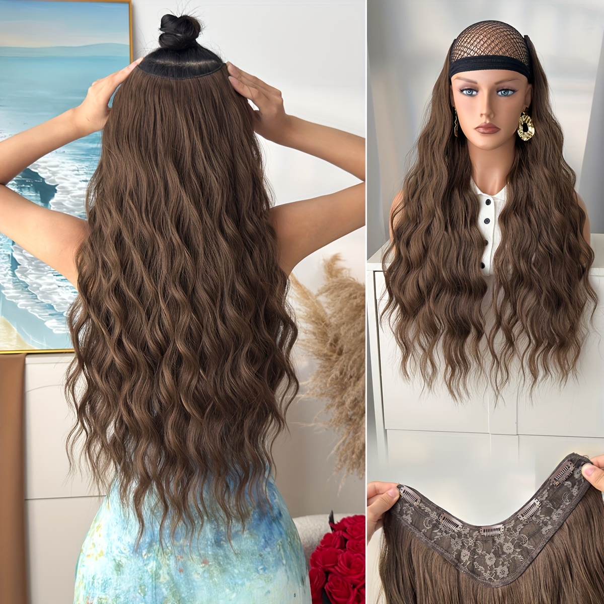 Clip In Hair Extensions V-shaped Ombre 24 Inch Long Water Wave Wavy Heat Resistant Fiber Synthetic Hairpiece For Women Girls Use