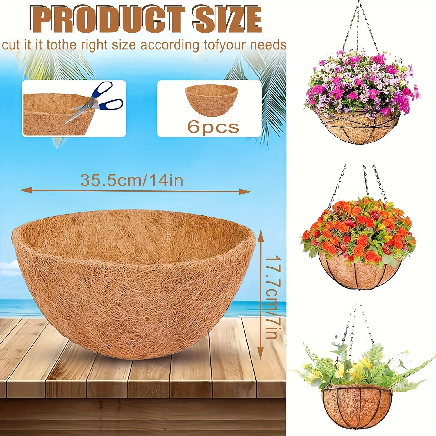 6pcs 14 inch 16 inch hanging basket coir liner replacement natural round coconut fiber planter basket liner for hanging baskets