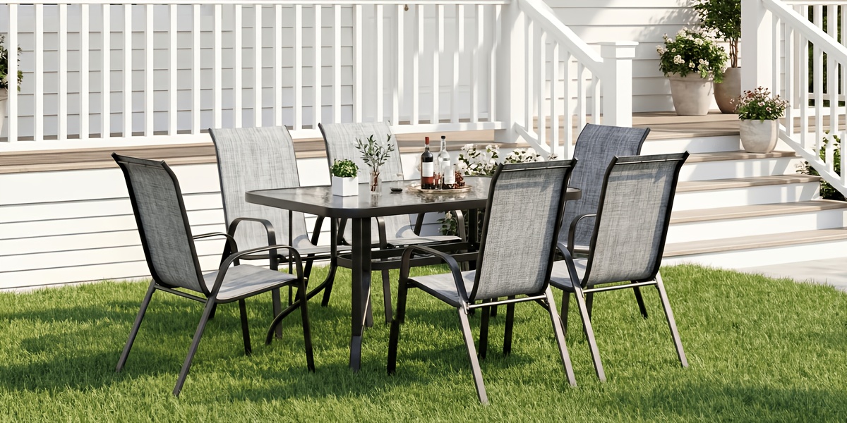 7pcs Outdoor Dining Table and Chairs for 6 People - Textilene Stackable Patio Furniture with Glass Table & Umbrella Hole Base Suitable for Deck, Poolside,, Backyard - Umbrella Not Included
