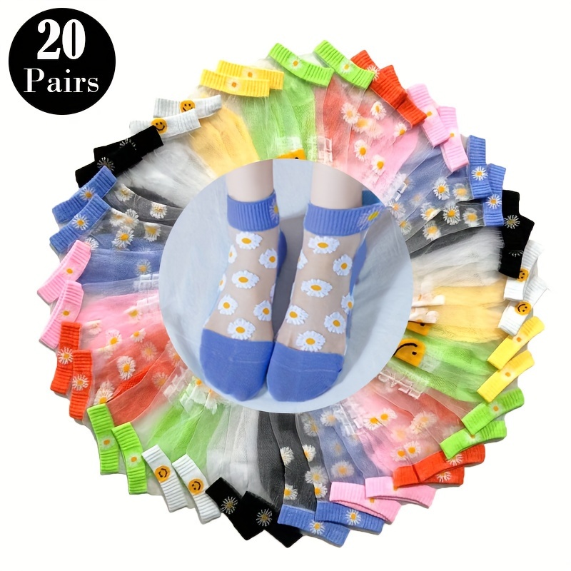 

20 Pairs Daisy Crystal Silk Socks, Cute & Breathable Sheer Short Socks, Women's Stockings & Hosiery