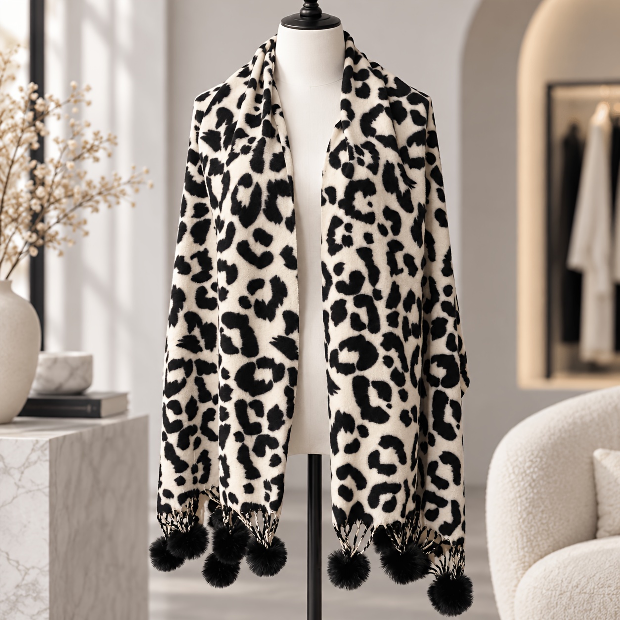 TEMU 1pc Double-faced Leopard Print Pom-pom Cashmere Scarf, Thickened Warm -friendly For Autumn Winter Date Travel, Women's -match Tassel Shawl Neck