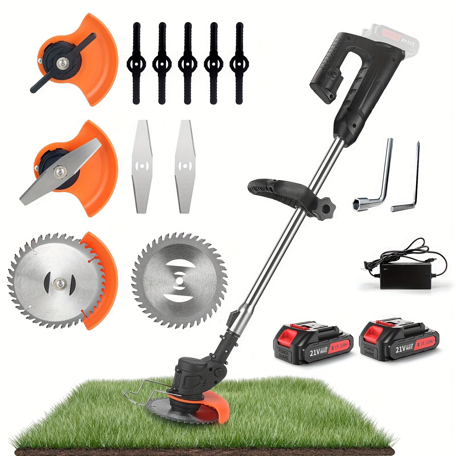 

Cordless Lawn Trimmer - 21v Lawn Mower Grass Edger With 2.0ah Li- Powered & 3 Cutting Blade Types, Tool For Lawn