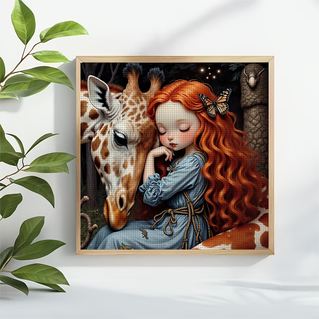 Frameless Cross Stitch Printed Kit, "Red-Haired Snuggling Giraffe" Pattern for Beginners