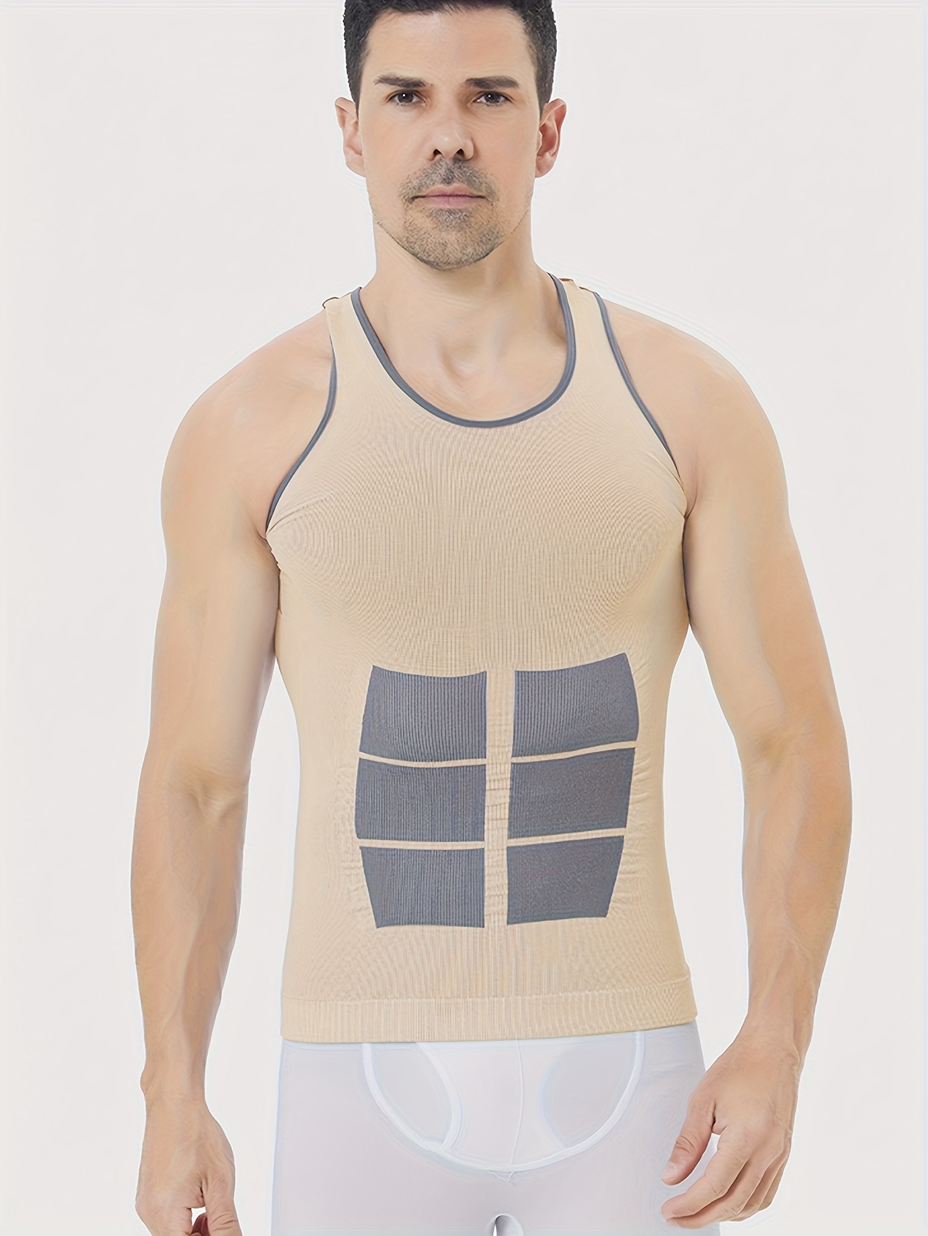 Men S   Vest with Waist Trainer -   Color  , Geometric Pattern, High-  Fabric, Sleeveless Crop Top for   & Body Shaping,   Shirts