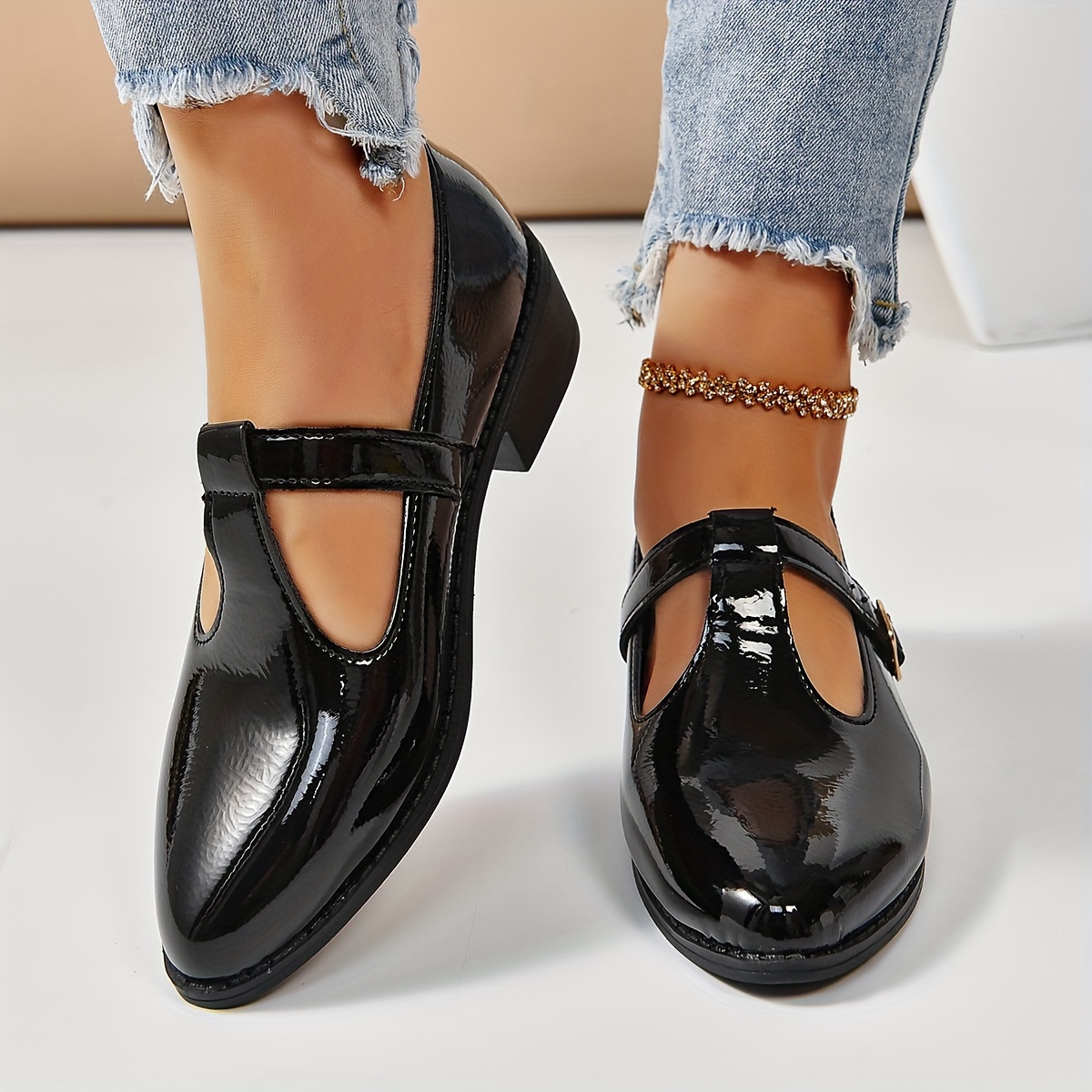 

Women's Solid Color Chunky Low Heel Loafers, Fashion Cutout Design Dress Shoes, Stylish Buckle Strap Shoes