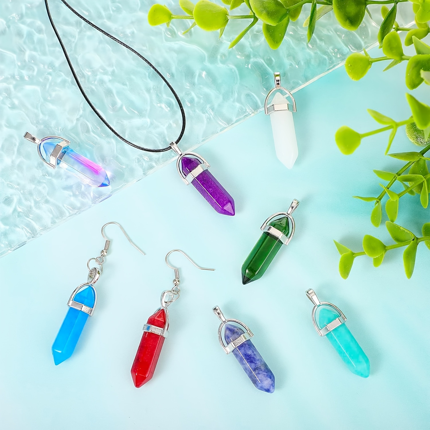 50pcs hexagonal pendant bullet crystal pendant gemstone pointed quartz stone pendants with storage bag 50 colors details 3