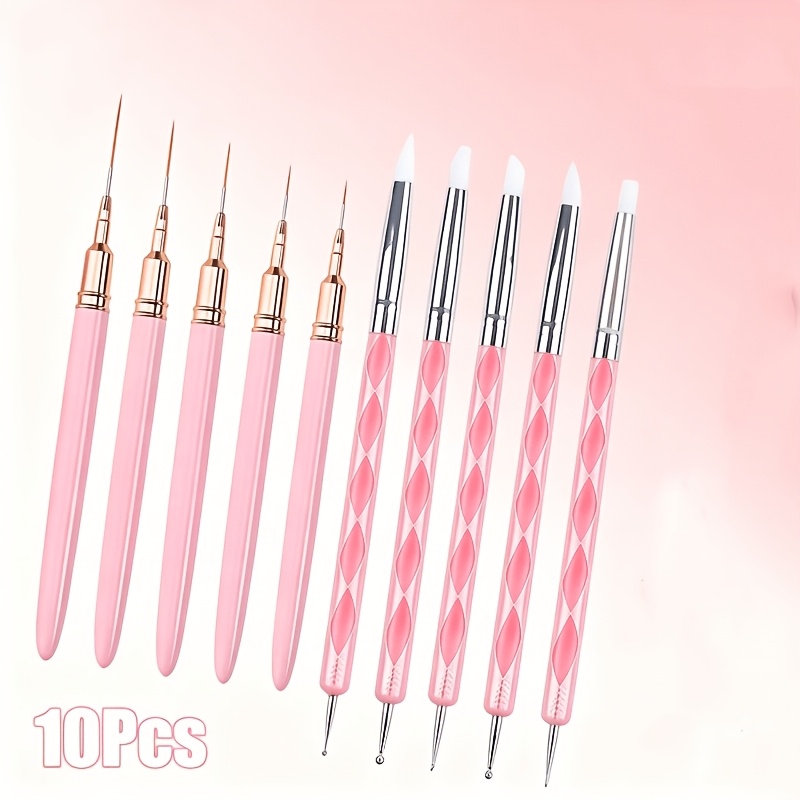 TEMU Set de 10 pinceaux pour nail art, comprenant 5 pinceaux à et 5 outils à pois pour ongles | compacte, convient pour les ongles en gel, les et le