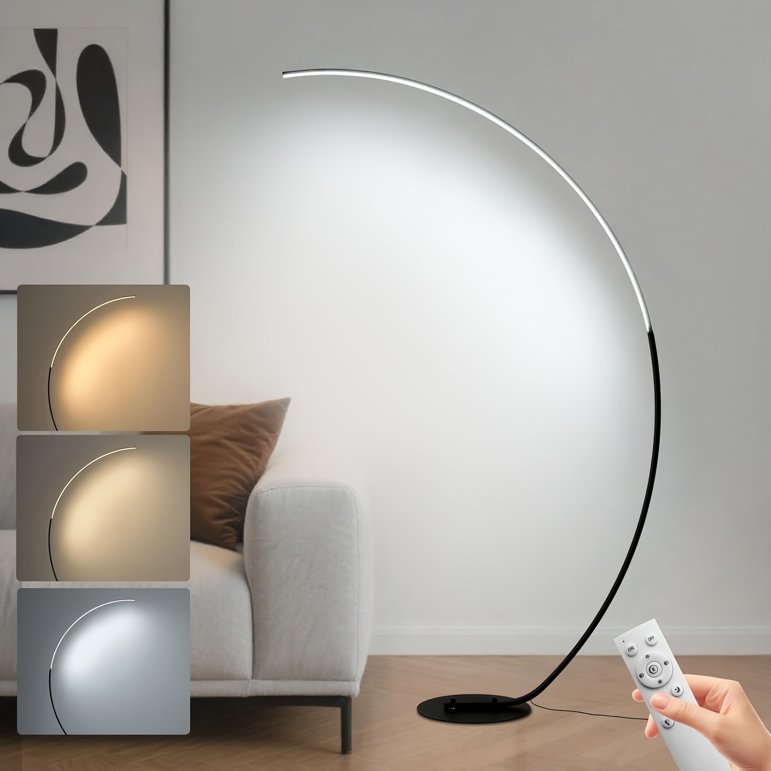 Image of Modern Arc Floor Lamp For Living Room, 3 Color Temperatures Led Reading Floor Lamps, Dimmable Timing Corner Lamp With Remote Control, Tall Standing Floor Lamp For Bedroom, Office, Study