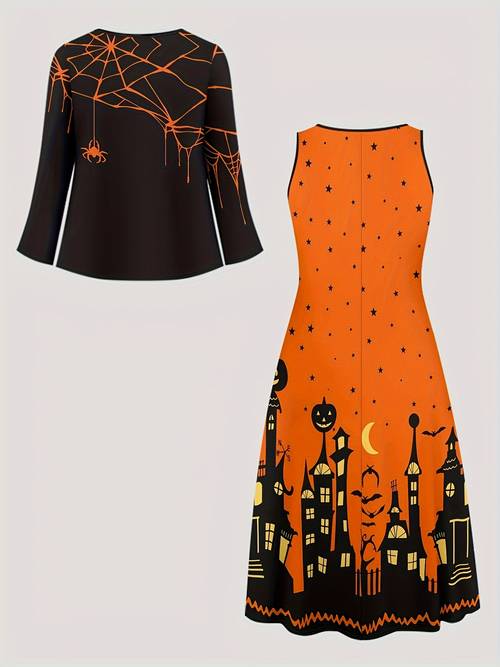 autumn and womens outfit featuring a halloween castle print a long sleeve cardigan with a dress a two piece set