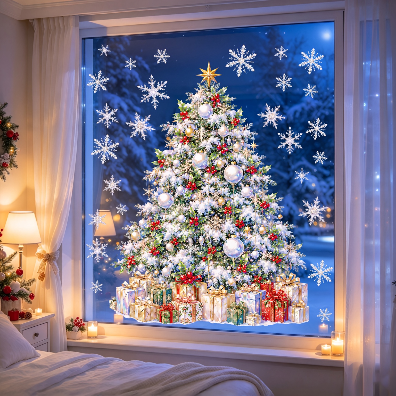 TEMU 1pc Large Size Christmas Sticker Christmas Tree Mural Shop Window Glass Door Sticker Scene Decoration Ornament Snowflake Gift Box Window Static