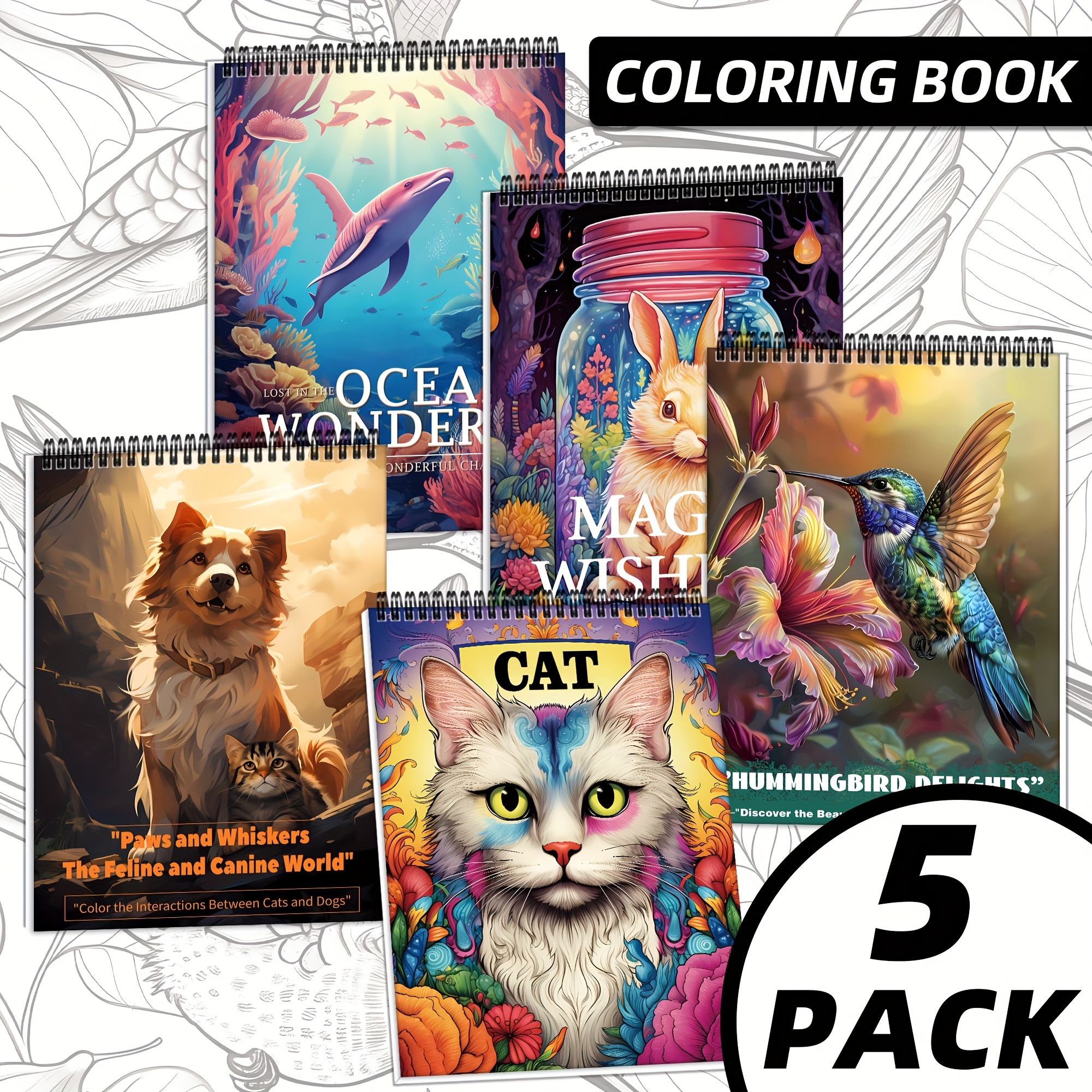 

5-pack Adult Coloring Books - Cat, Ocean, Magic, Dog & Hummingbird Themes - 138 Single-sided Pages For Artistic - Ideal Gift For Birthdays And Holidays