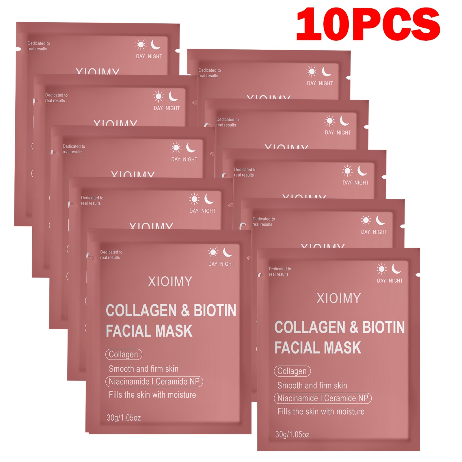 Image of 10pcs Day And Night Collagen And Biotin Facial Masks, Alcohol-free Hypoallergenic, Strong Moisturizing, Makes Facial Skin Smoother, , , And Skin , Suitable For Types
