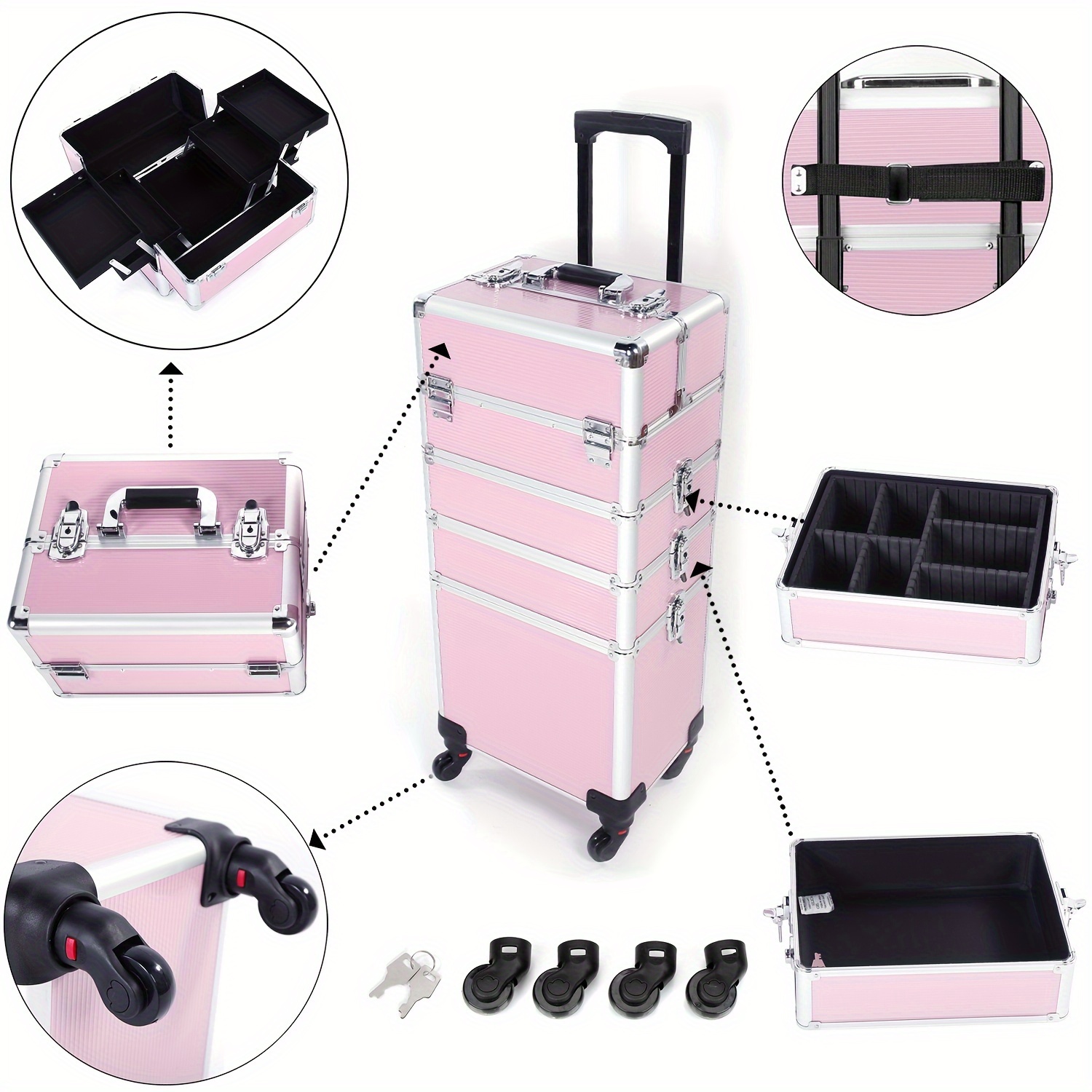 TEMU 4in 1 Aluminum Cosmetic Professional Makeup Case Tattoo Box, Extra Large Cosmetic Case Rolling Makeup Case Trolley Makeup Travel Organizer With