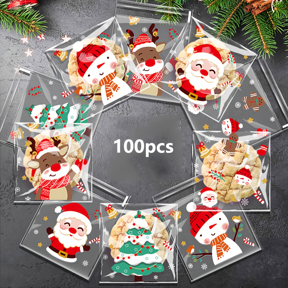 TEMU 100 Paquetes de Bolsas Navideñitas Reutilizables con Cierre Autoadhesivo Transparente - Diseños Festivos (Santa, Reno y ) para Galletas, ¡Dulces