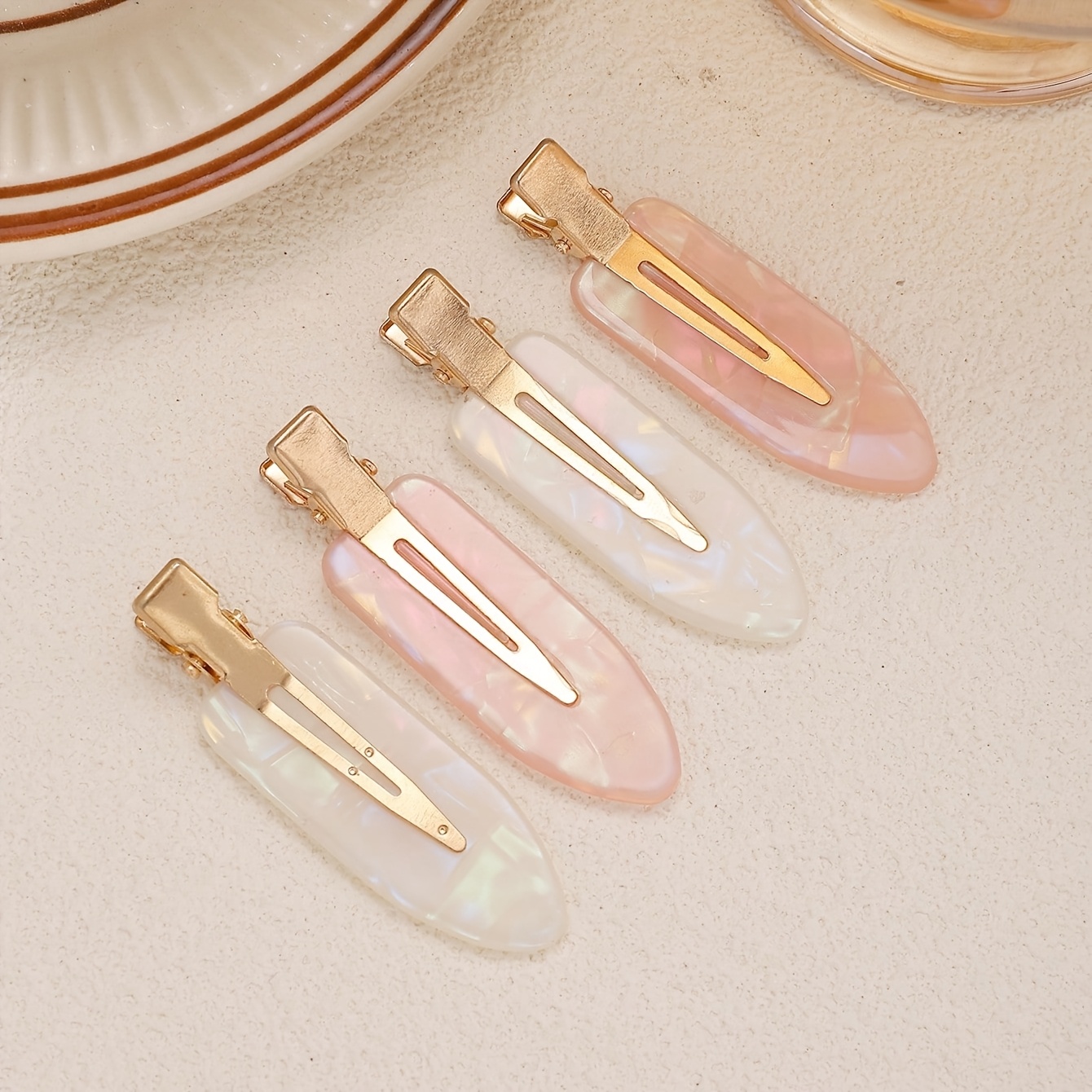 4pcs Set Pink And White Acrylic Hair Clips With Shell Glow | Elegant And Minimalist Oval Shaped Hair Accessories