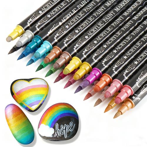 24 colors dual tip waterproof acrylic paint markers pens brush dot tip suitable for rock painting ceramic stone calligraphy diy crafts professional supplies with metallic colors plastic marker pens for hobbyists