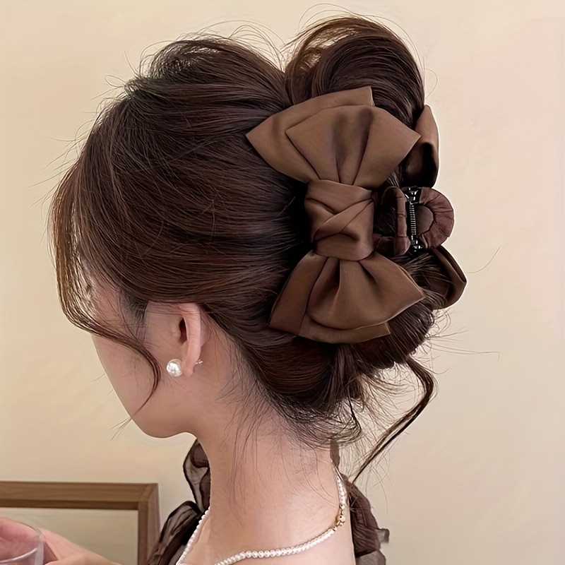 Black Coffee-colored Temperament Large Satin Bow Hair Claw Clip Female High-end Hair Clip Back Of Head Updo Shark Clip Headwear